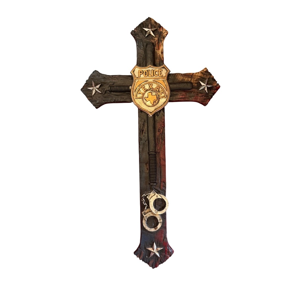 Texas Police Law Enforcement Wall Cross Rustic Wood Look Handcuffs Lone Star 12"